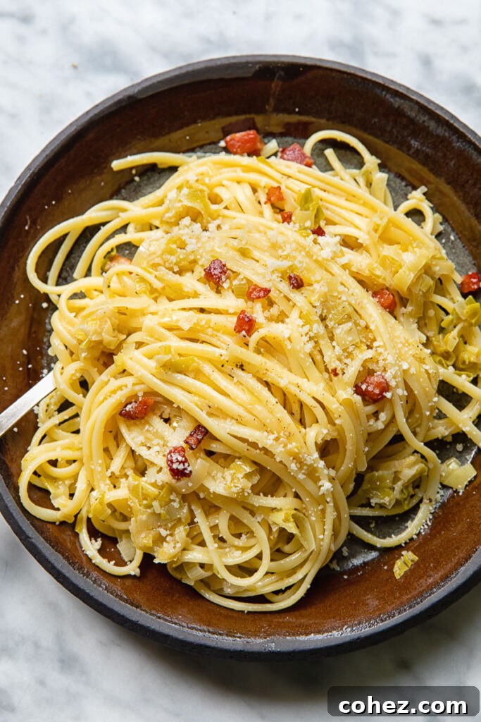 Golden Leek and Crispy Pancetta Linguine 2 top down of a plate of linguine pasta with creamy leeks