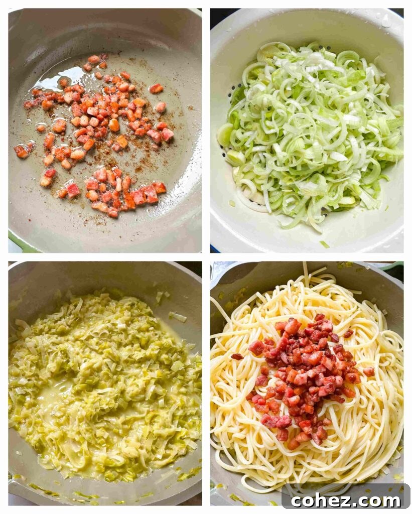 Four process shots showing the preparation and cooking of caramelized leek and pancetta linguine