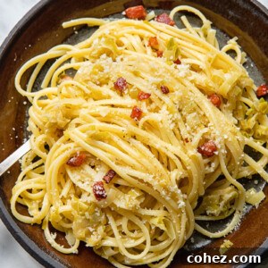 top down of a plate of linguine pasta with creamy leeks
