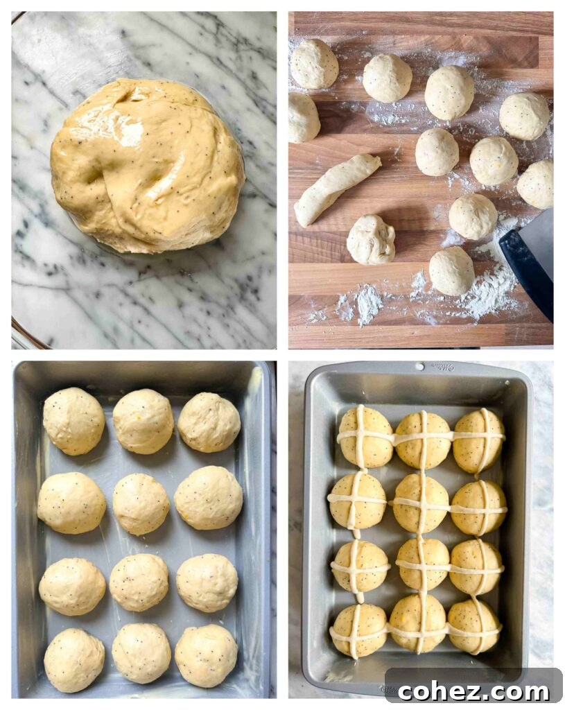Sunshine Lemon Poppy Seed Hot Cross Buns 6 Four process shots demonstrating the steps for preparing hot cross buns for baking.