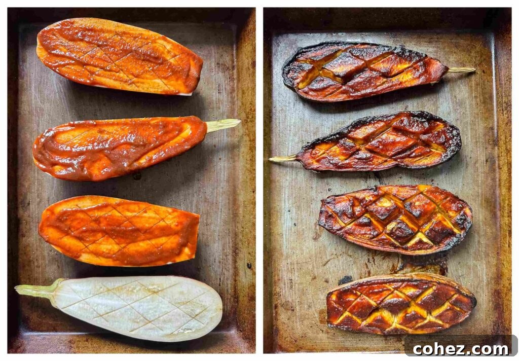Two shots showing glazing and cooked eggplant