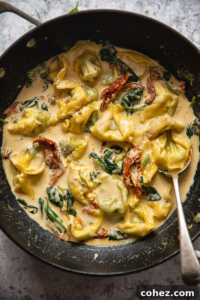 top down of a pan with tuscan tortellini sauce and a spoon