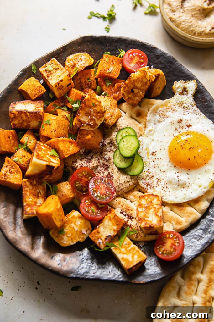 Golden Sweet Potato Hash with Pan-Seared Halloumi and Smoky Baba Ganoush 2 Plate of sweet potato breakfast hash