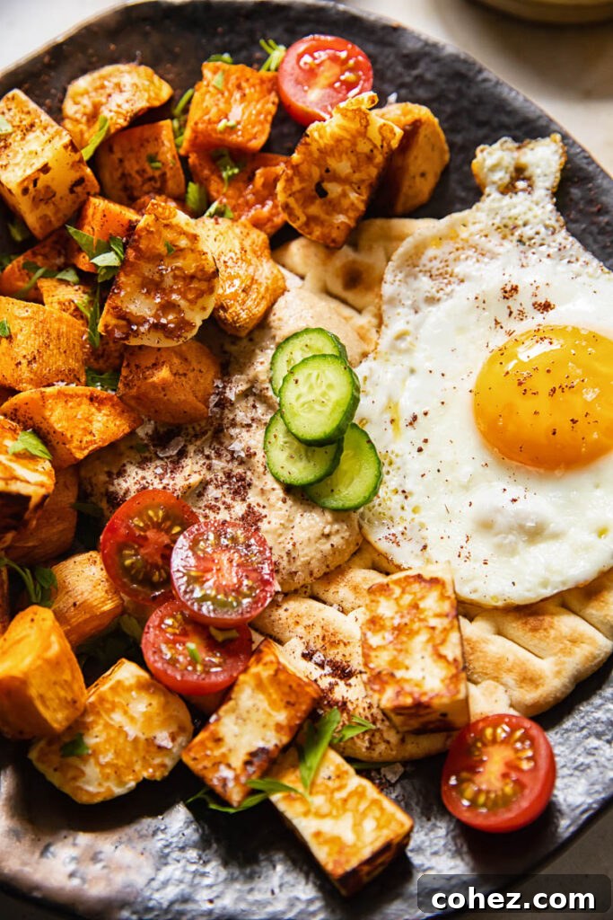 Golden Sweet Potato Hash with Pan-Seared Halloumi and Smoky Baba Ganoush 3 Close up of a plate of sweet potato hash
