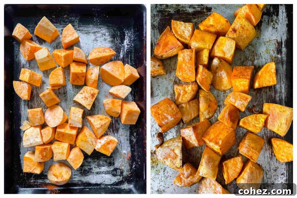 Golden Sweet Potato Hash with Pan-Seared Halloumi and Smoky Baba Ganoush 4 Sweet potato on a baking sheet in two photos