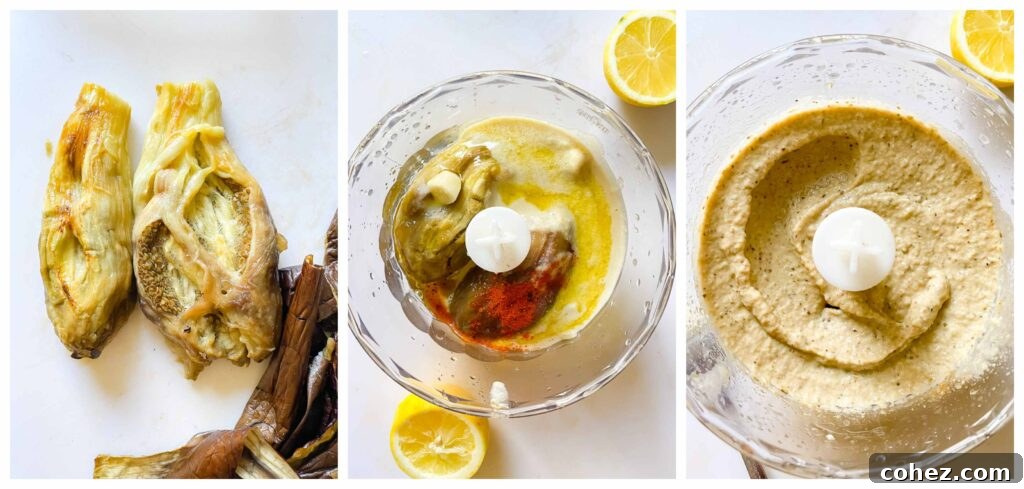 Golden Sweet Potato Hash with Pan-Seared Halloumi and Smoky Baba Ganoush 5 Process shots showing making of baba ganoush