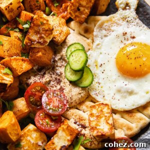 Golden Sweet Potato Hash with Pan-Seared Halloumi and Smoky Baba Ganoush 7 Close up of a plate of sweet potato hash