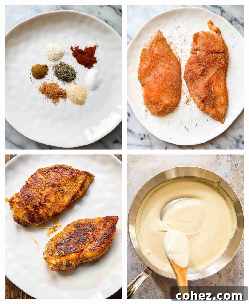 Process shots of chicken breasts being seasoned then cooked and alfredo sauce being prepared