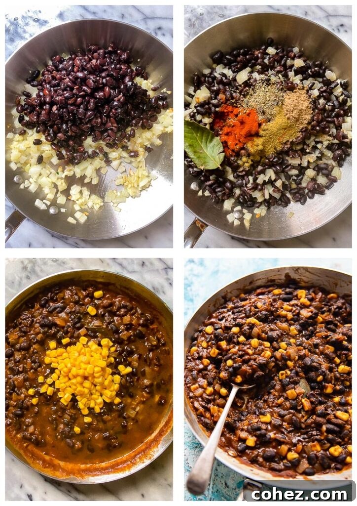Black Bean Corn Tacos with Zesty Cilantro Lime Slaw 4 Process photographs showing ingredients cooking in a frying pan and the final black bean filling product