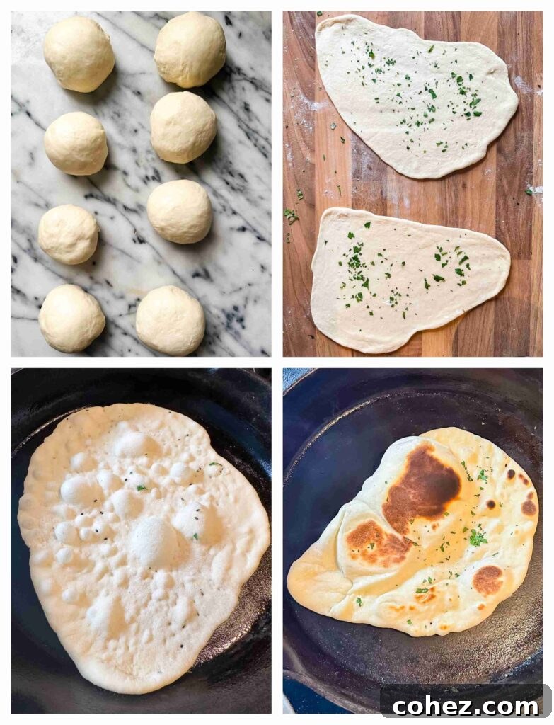 Naan Bread From Scratch 5 Process shots of naan dough being rolled into even parts before being cooked on a stove