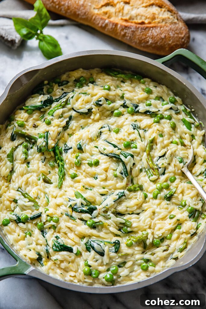 Top down view of creamy orzo pasta with peas and spinach in a pan