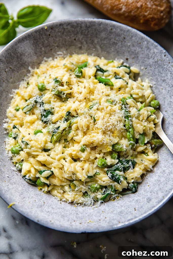 Top down view primavera pasta in a bowl topped with peas and spinach