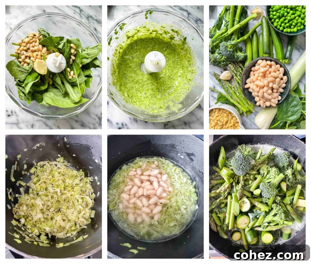 Six sequential process shots illustrating the preparation and assembly of the spring minestrone soup.