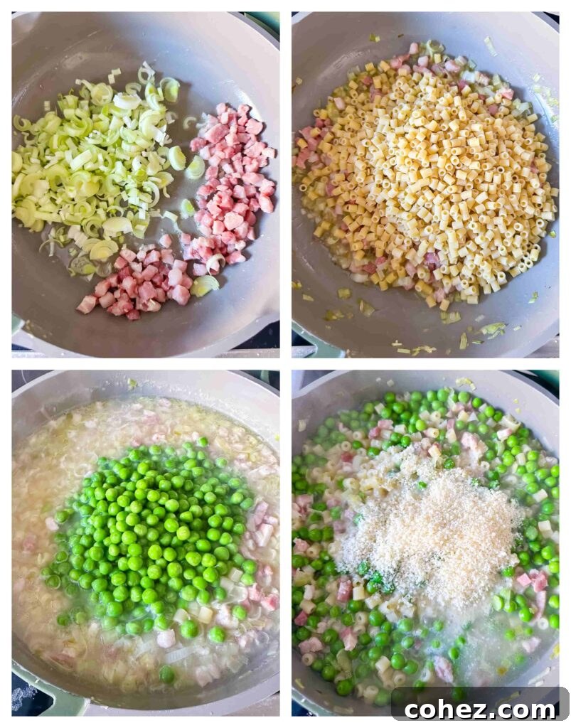 Process shots of veg and bacon being prepared then cooked with pasta in a pan
