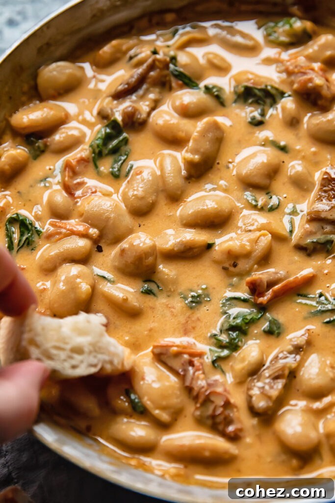 Creamy Tuscan Butter Beans with Sun Dried Tomato and Spinach 3 Close up shot of a piece of bread being dipped into tuscan butter beans sauce