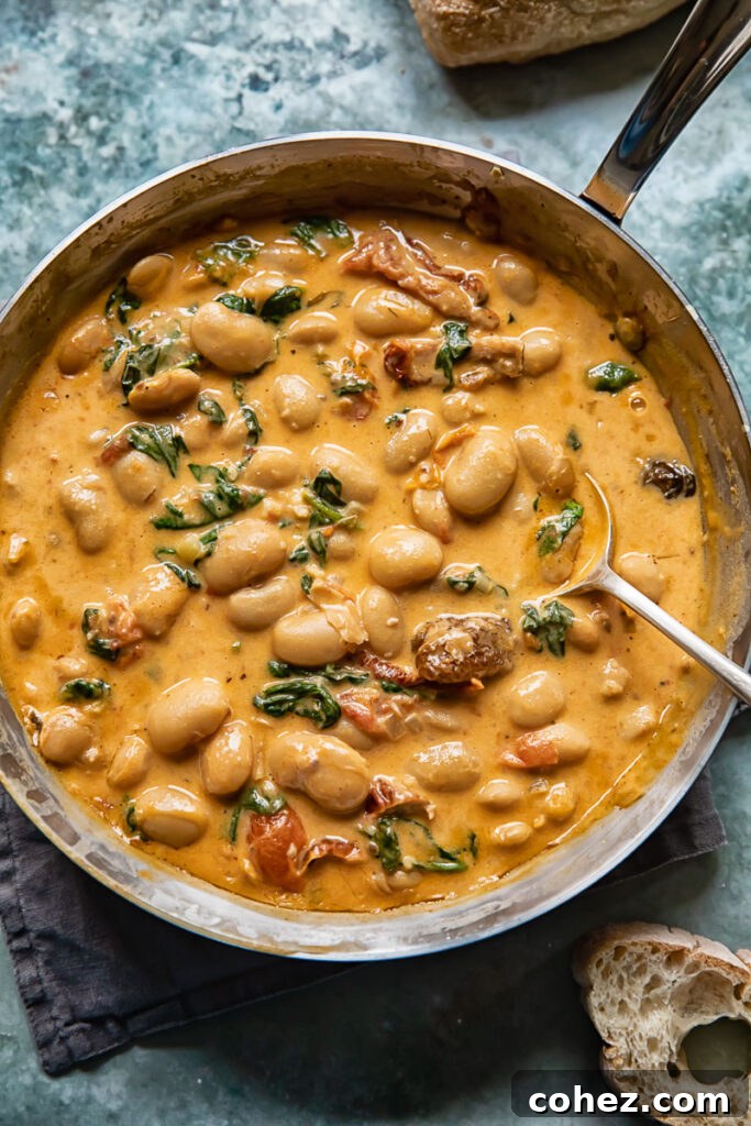 Creamy Tuscan Butter Beans with Sun Dried Tomato and Spinach 4 Top down shot of a spoon scooping tuscan butter beans in sun-dried tomato sauce with spinach out of a pan
