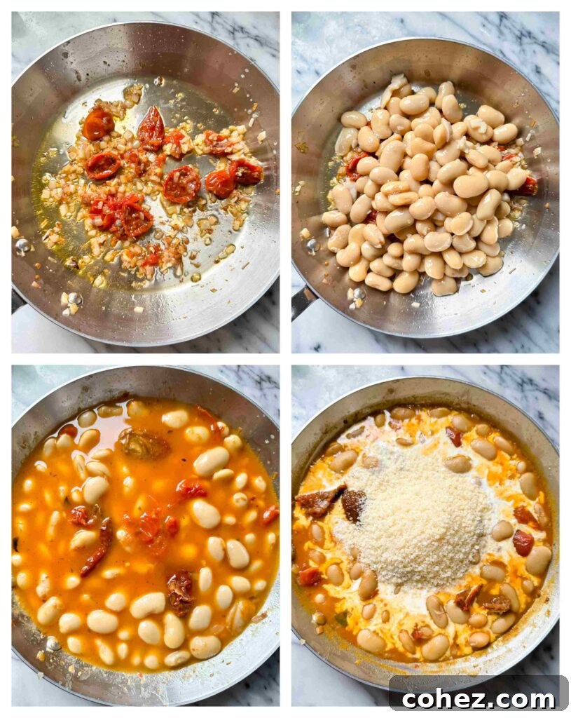 Creamy Tuscan Butter Beans with Sun Dried Tomato and Spinach 5 Process shot of sun-dried tomato sauce being combined then cooked with butter beans