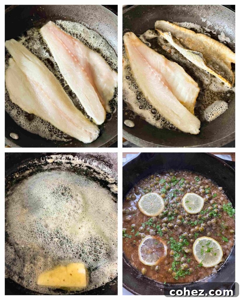 four process shots showing how to cook the fish and sauce
