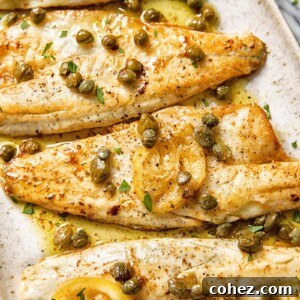 close up of sea bass fillets in brown butter caper sauce