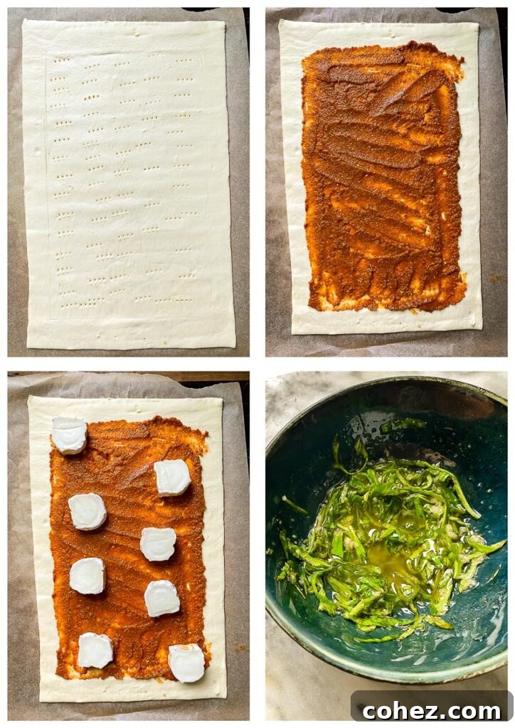 Summer Tomato and Goat Cheese Puff Pastry Tart 5 A collage of process shots illustrating the assembly of the puff pastry tomato tart: spreading pesto, arranging goat cheese, and adding fresh tomatoes.