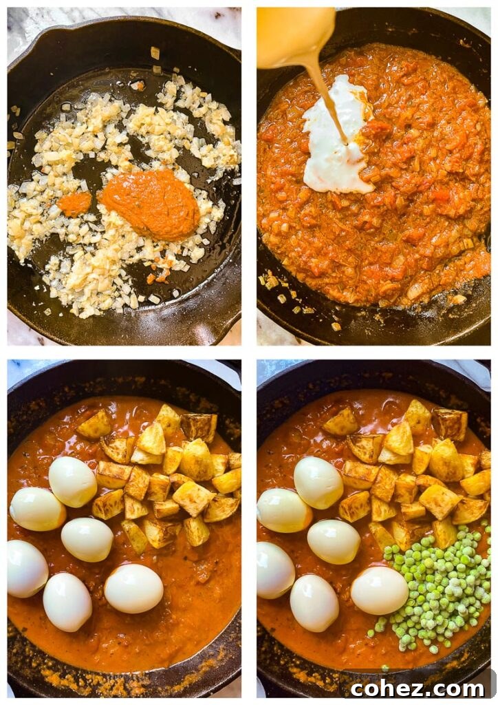 Effortless Egg, Pea, and Potato Curry 4 Process shots showing ingredients being added to the pan