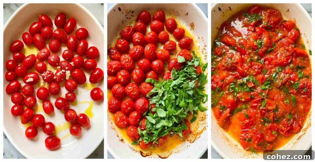 Three process shots of tomatoes being roasted in a dish
