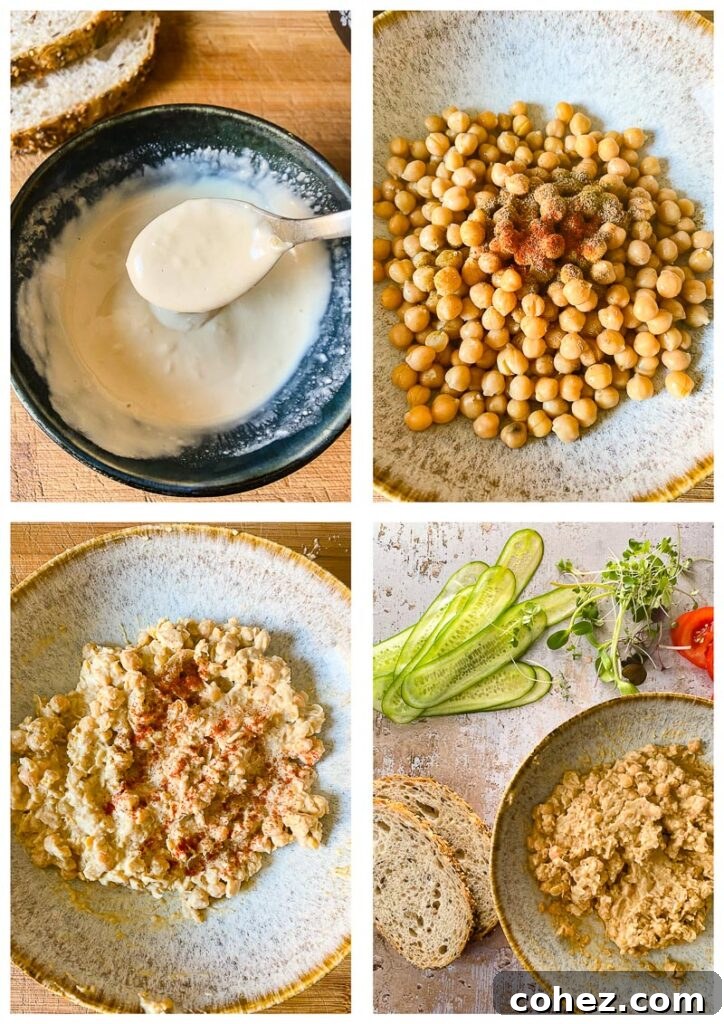 A series of process shots illustrating the steps of preparing the chickpea salad, from mixing the dressing to mashing the chickpeas with spices.