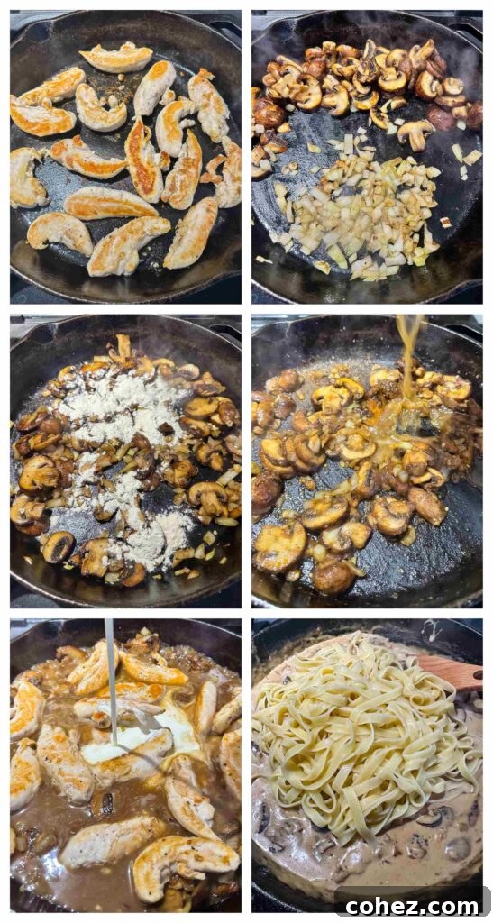 Process shots of sauce ingredients being cooked and added to the pasta