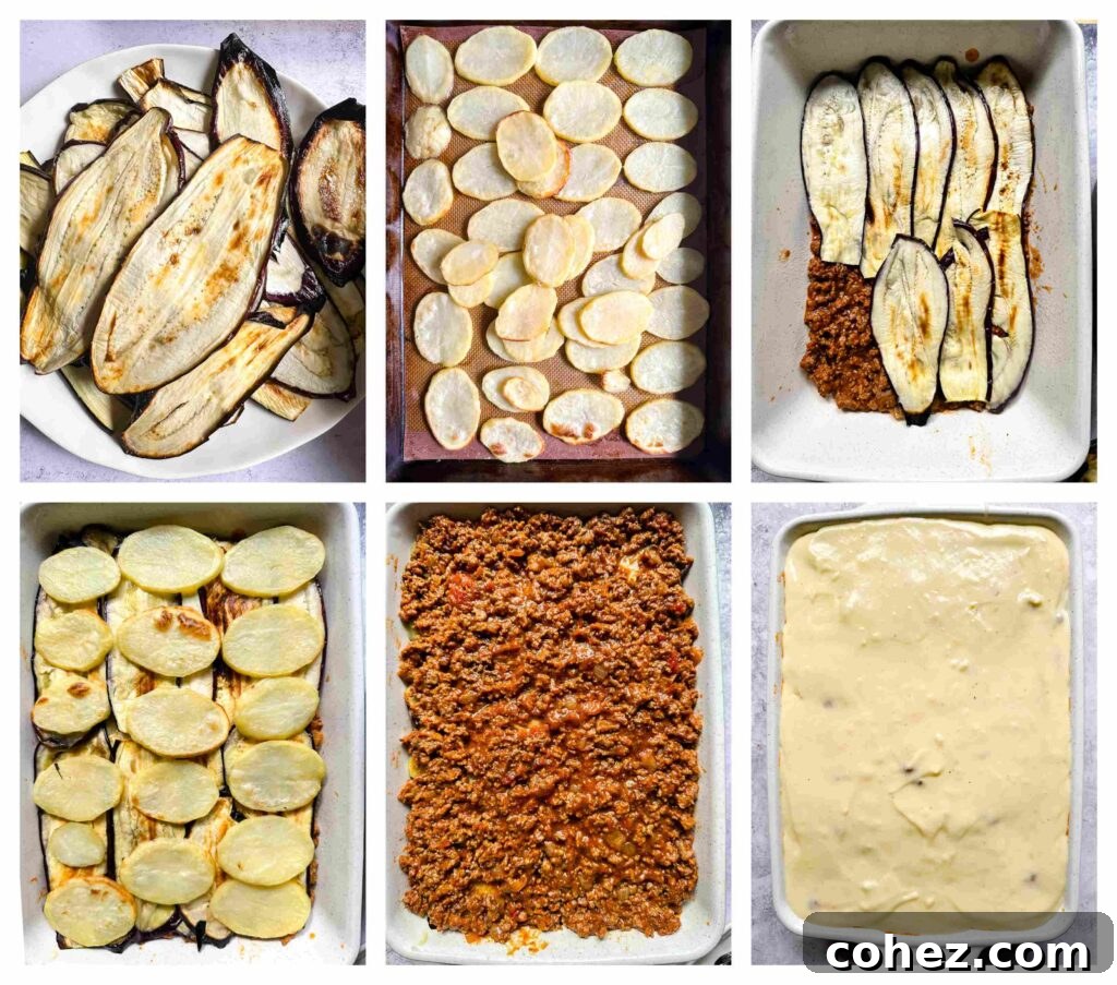 Process shots of eggplant being prepared before layered in a baking dish between mince beef and topped with bechamel sauce