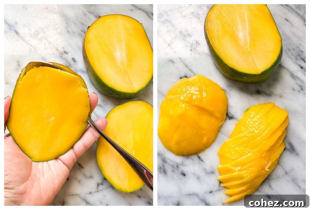 Process shots of a ripe mango being carefully cut into slices, demonstrating the preparation step for the curry.