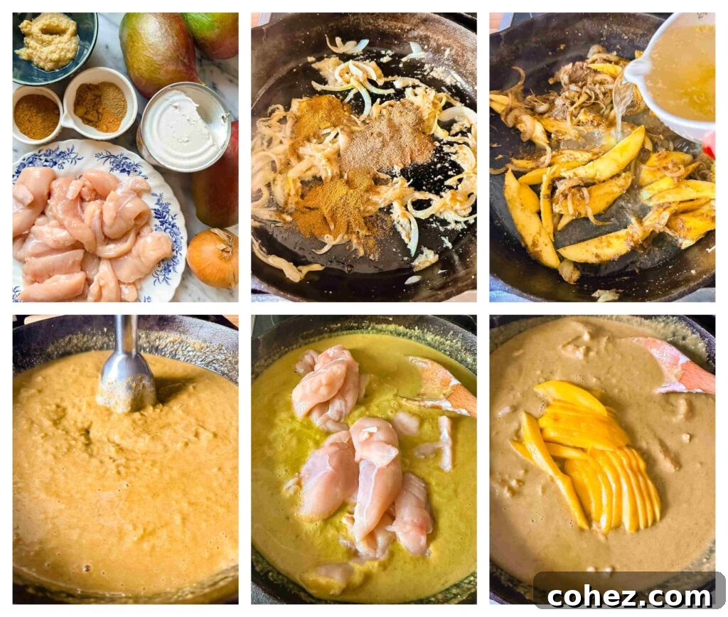 Process shots showing chicken and mango being prepped, then cooked in a pan, gradually transforming into a vibrant curry.