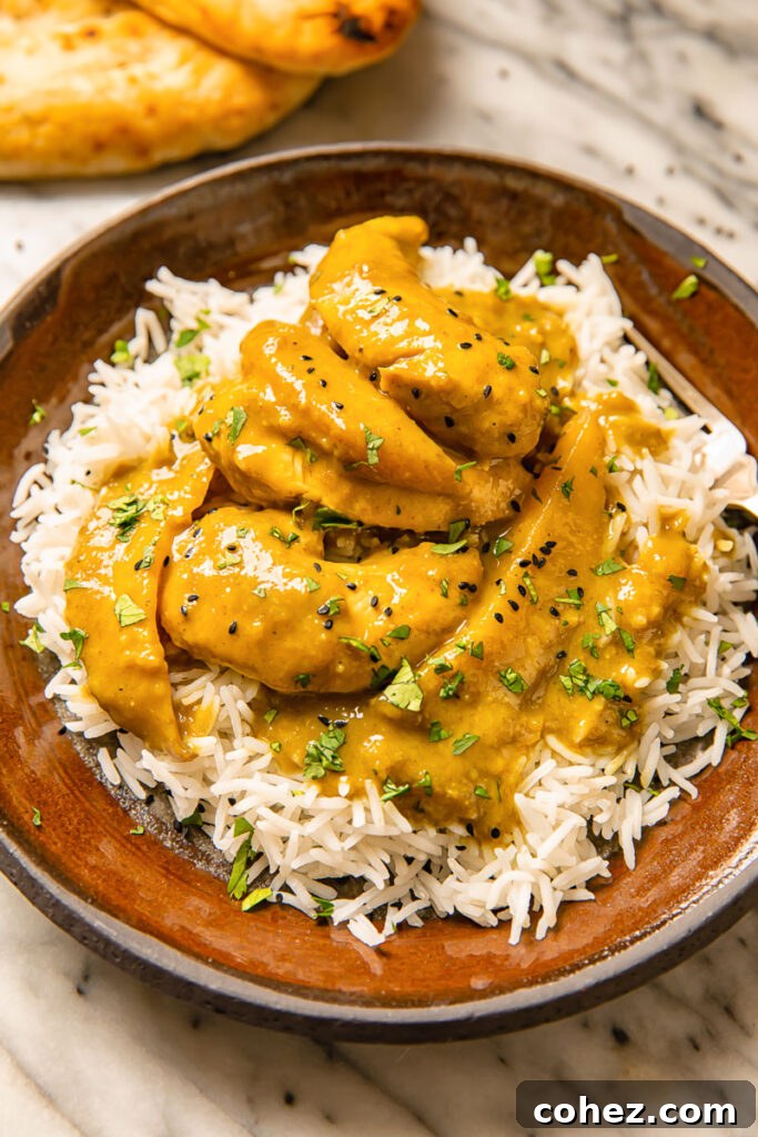 Top down shot of Mango Chicken Curry served on a bed of fragrant coconut rice, garnished with fresh cilantro and nigella seeds on a plate.