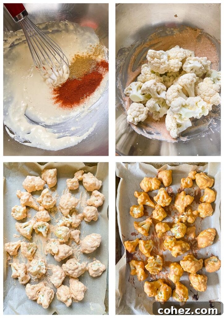 Process shots showing cauliflower florets being coated in a spiced batter in a bowl