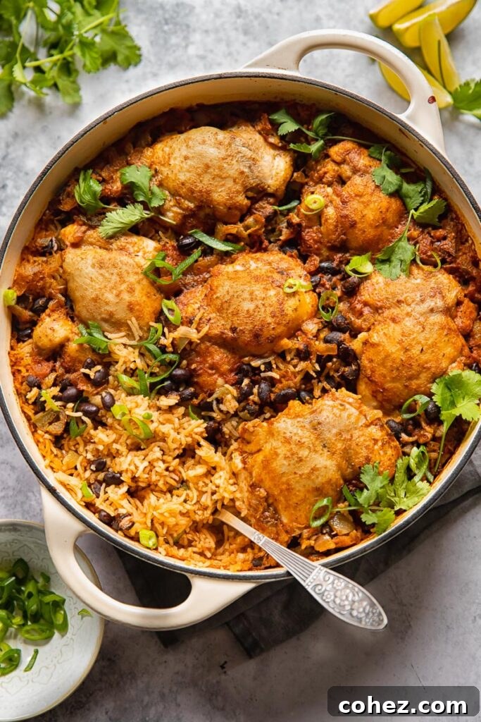 Top down shot of mexican chicken rice with chillies beans and herbs in a large pan