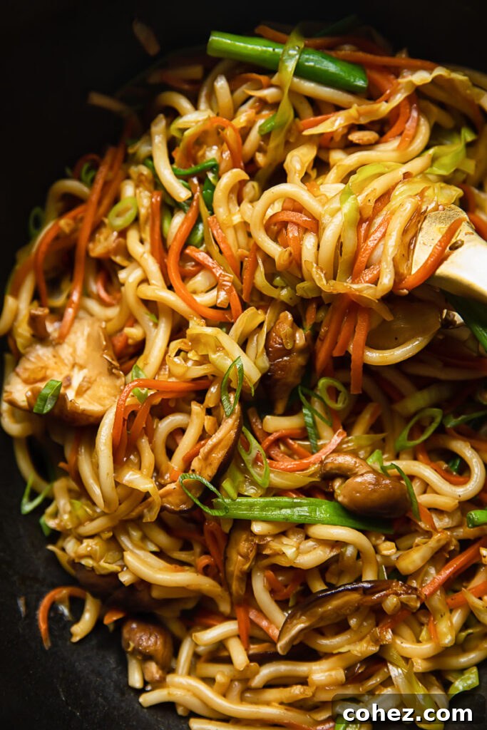 Close up view of vegetarian yaki udon stirred in a pan