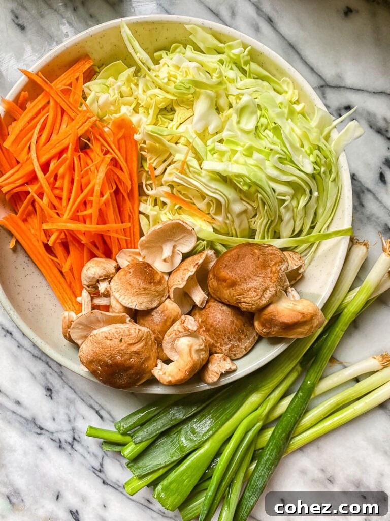 Raw ingredients of yaki udon on a plate, with carrots, cabbage, shitaki mushrooms and green onions