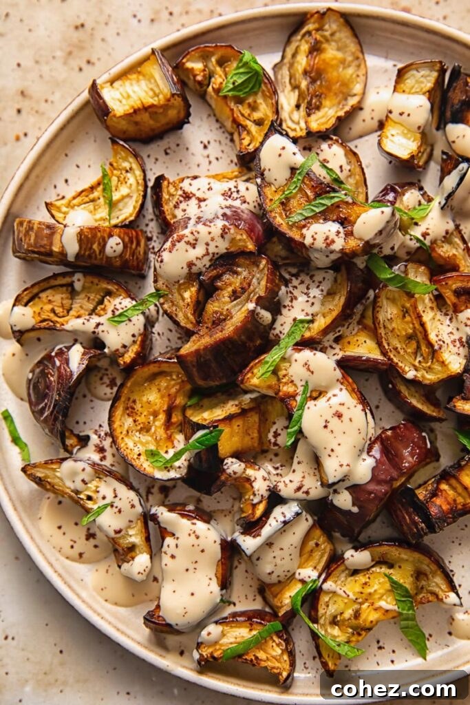 Roasted aubergine on a plate with sauce