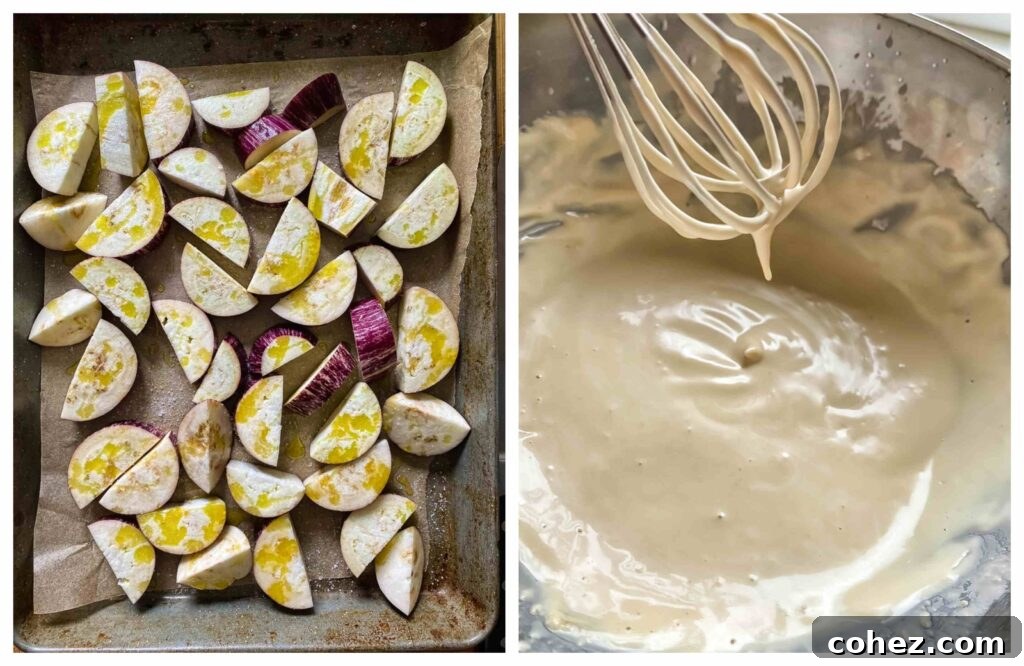 Process shots showing the pan and sauce being made
