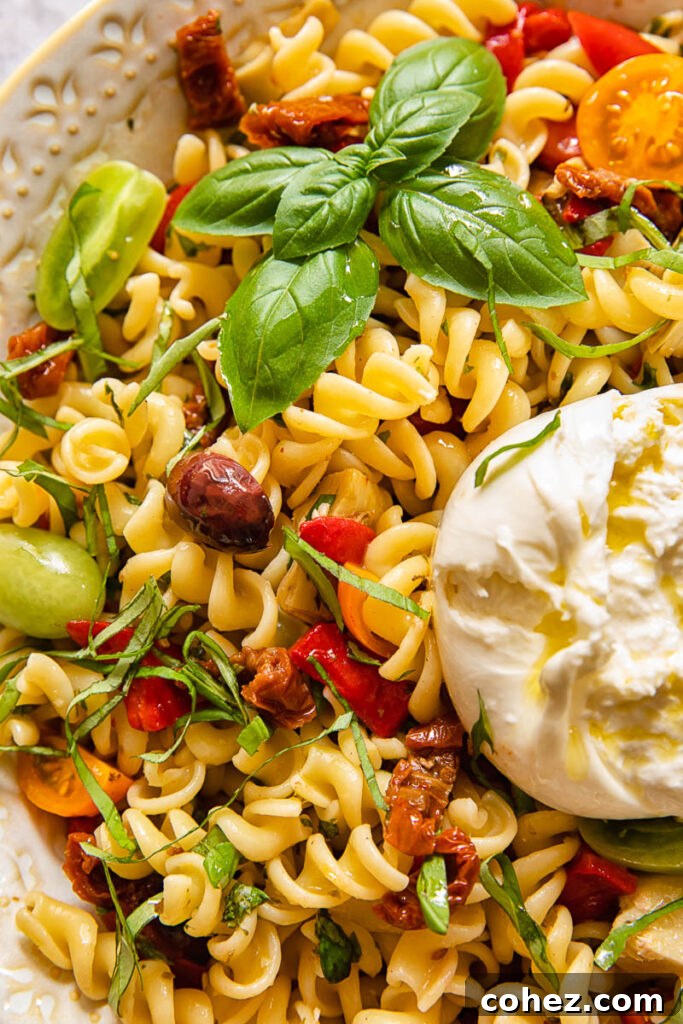 Close up shot of creamy burrata on top of colorful pasta salad