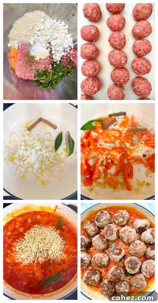 Process shots meatballs being made then added to orzo before baking