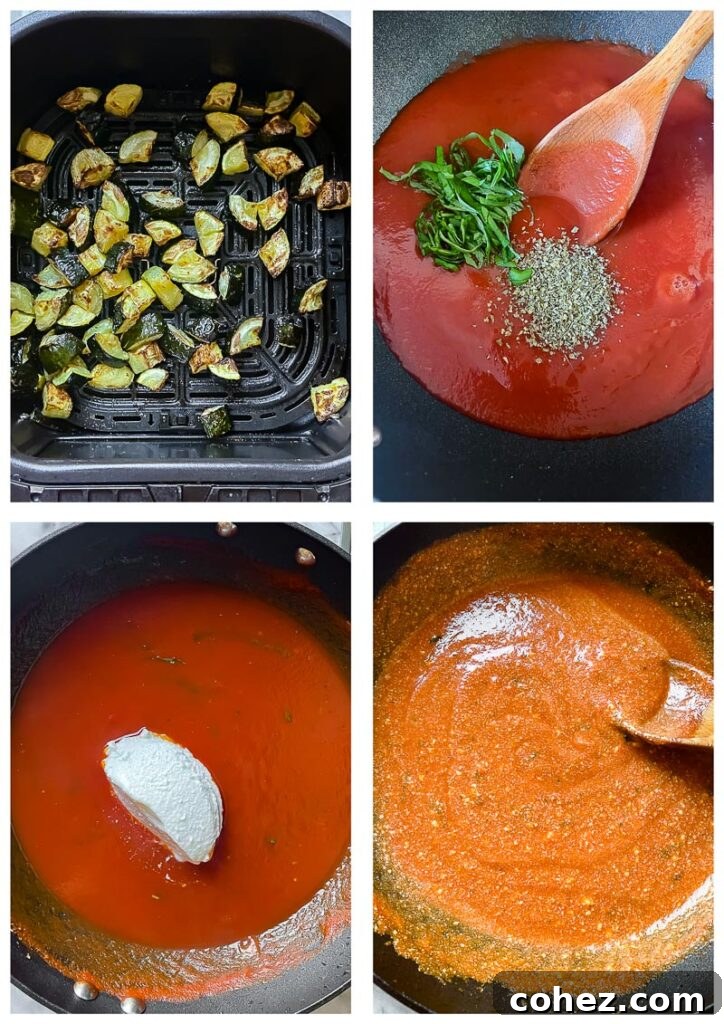 Creamy Tomato Ricotta & Zucchini Pasta for Summer 4 Process shots showing cooking pasta, frying zucchini, and making the tomato ricotta sauce