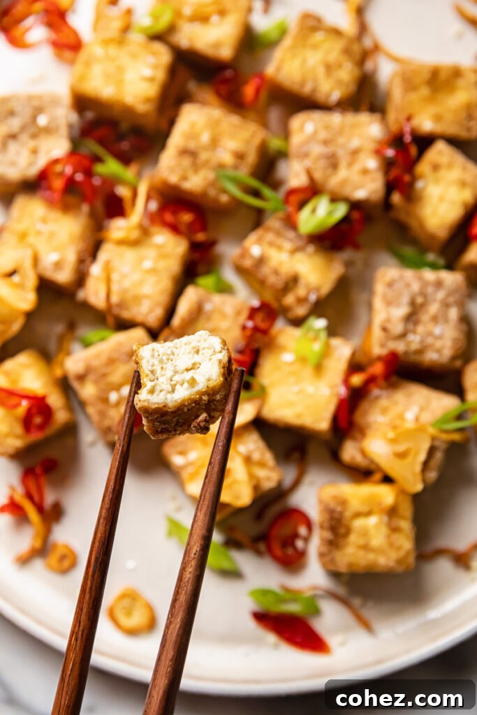 Chop stick holding piece of tofu