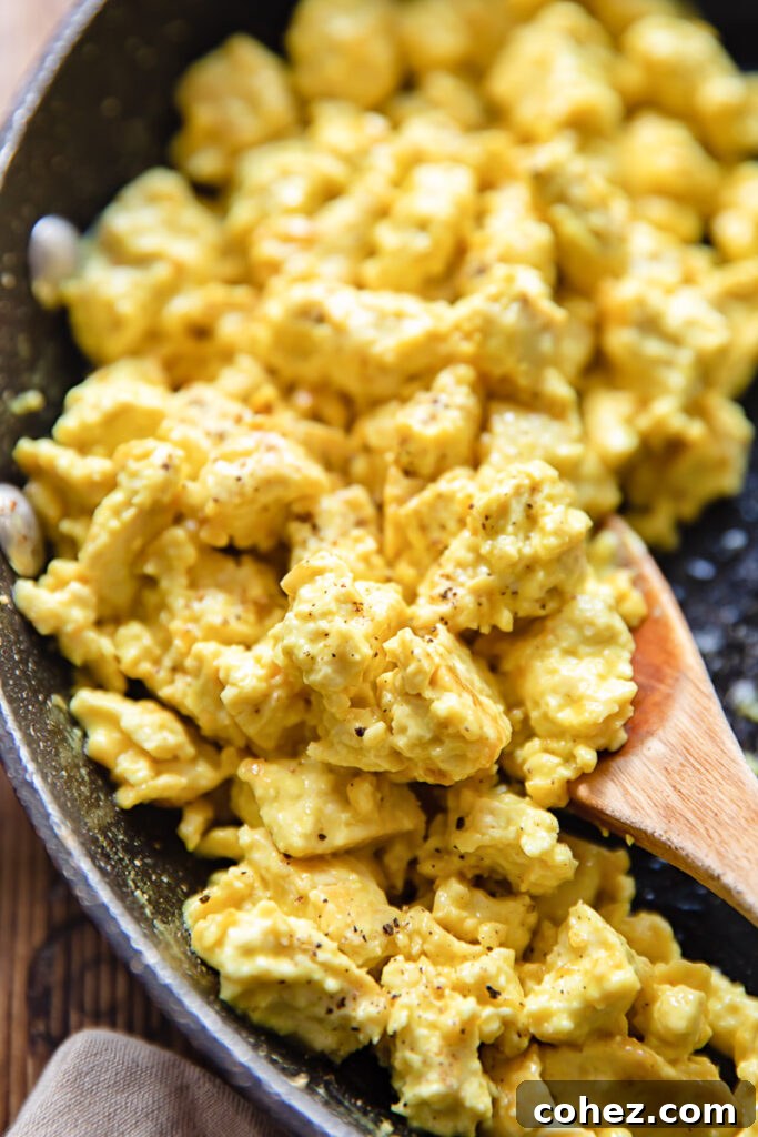 Cooked egg tofu scramble in a pan