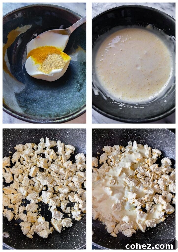 Process shots showing creation of the tofu mixture