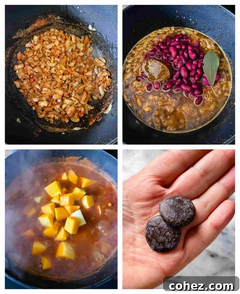 Four process shots showing the preparation of ingredients for vegetarian chili: diced onions and garlic sizzling in a pot, then spices being added, followed by lentils and beans, and finally diced butternut squash.