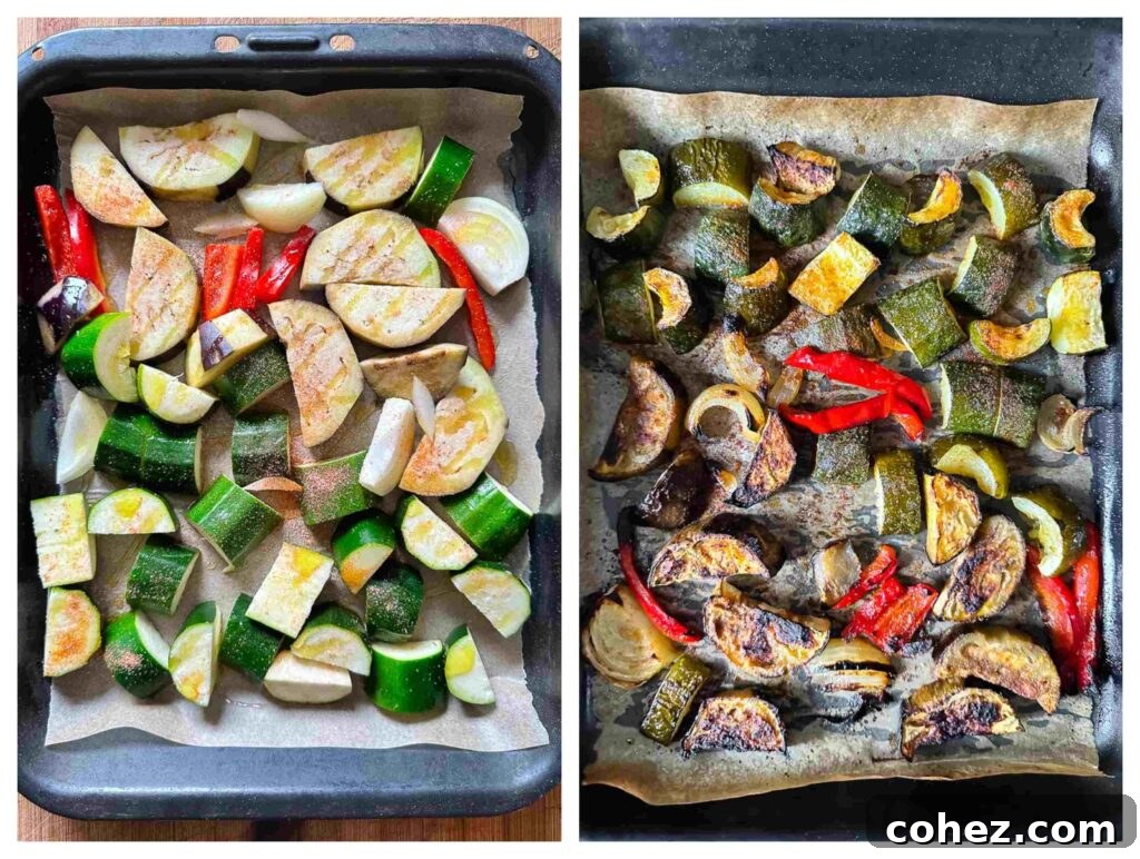 A visual comparison of raw, freshly chopped vegetables ready for roasting next to a pan of perfectly roasted, caramelized vegetables.
