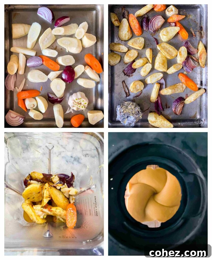 A step-by-step photographic guide showing parsnips, carrots, onions, and garlic being prepped and roasted for the soup.