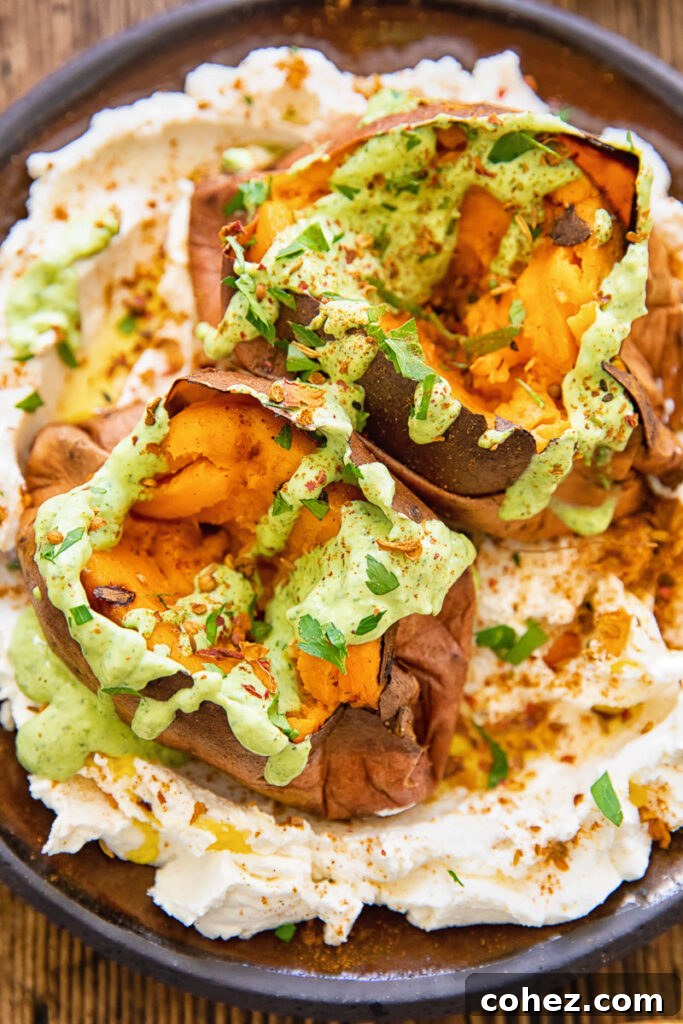 Roasted Sweet Potatoes with Creamy Garlic Tahini 3 close up of roasted sweet potato with the tahini sauce