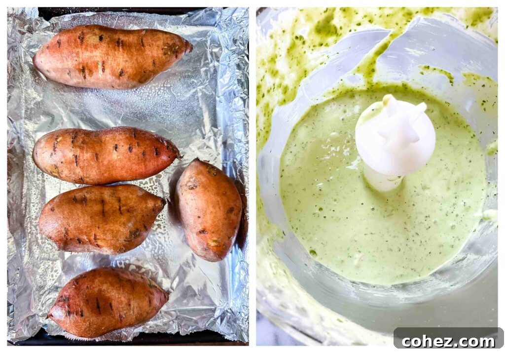 Roasted Sweet Potatoes with Creamy Garlic Tahini 4 two process shots with roasting potatoes and food processor with sauce