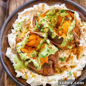 plate of two roasted sweet potatoes with sauces